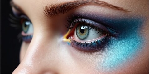 Obraz premium Close-up of a beautiful woman's eyes, adorned with vibrant makeup that enhances her captivating gaze