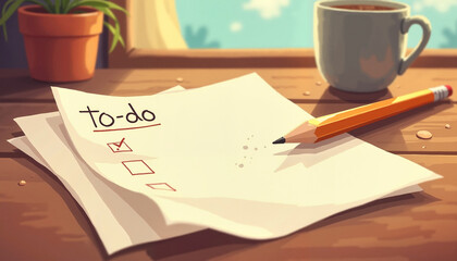 To-do list with checked items and a cup of coffee on a wooden table for productivity and organization themes