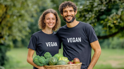 Couple enjoys a sunlit day in the park, celebrating their love for veganism with matching shirts and a fresh fruit picnic