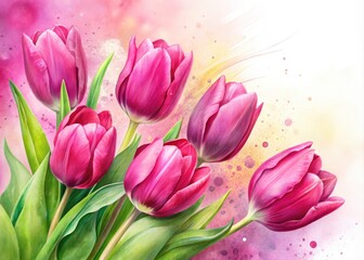 Naklejka premium Pink Watercolor Tulips, Isolated White Background, Floral Art, Spring Flowers, Botanical Illustration, Painting, Watercolor Flowers, Pink Tulips Image, High Resolution