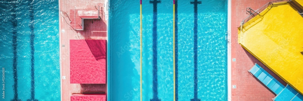 Poster this top-down view showcases a vibrant swimming pool with clearly marked lanes, surrounded by colorf