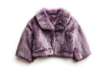 Purple faux fur jacket in flat lay, cruelty-free synthetic material on white background, ideal for branding and sustainable fashion marketing