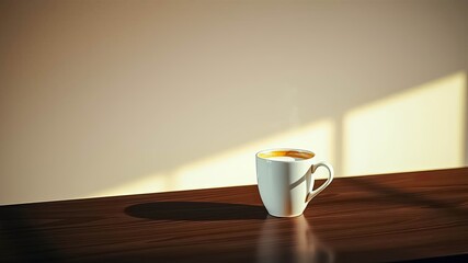 Obraz premium Aromatic Coffee in a White Mug on a Dark Wood Table in Sunlight