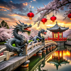 Fototapeta premium Twin dragon statues stand majestically at a bridge entrance
