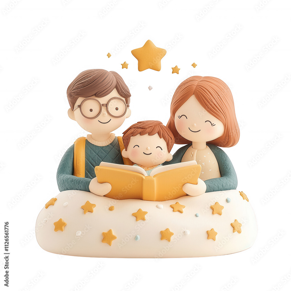 Wall mural A playful family reading together in a cozy, starry environment., isolated on a transparent background.