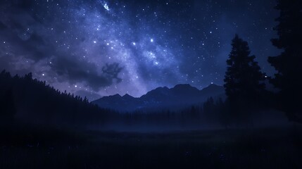 Fototapeta premium A serene night landscape with a starry sky and silhouetted mountains.