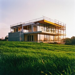 Obraz premium modern architecture with scaffolding in a grassy field