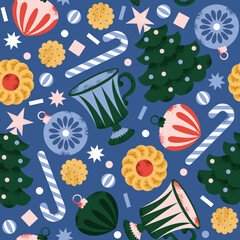 Christmas ornaments seamless pattern. Cup with Christmas tree and cookies with sugar cane.