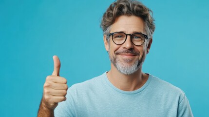 Fototapeta premium Everything is OK. Happy mature man in glasses showing approval gesture and smiling, blue studio wall, copyspace