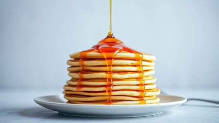 A tempting stack of golden pancakes drenched in sweet syrup
