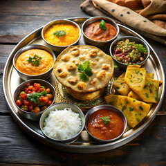 A traditional thali platter featuring butter naan and dal