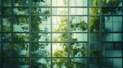 Exemplifying the ESG - Environmental, Social, Governance concept, a corporate glass building facade reflects green trees. Importance of integrating sustainability into business practice