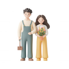Fototapeta premium A young couple standing together, holding plants and displaying joy and harmony., isolated on a transparent background.