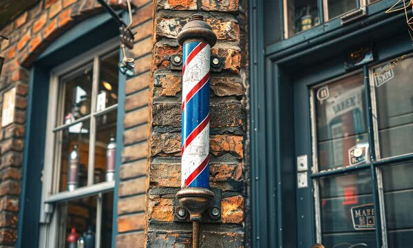 Vintage barber pole on rustic brick wall outside barbershop