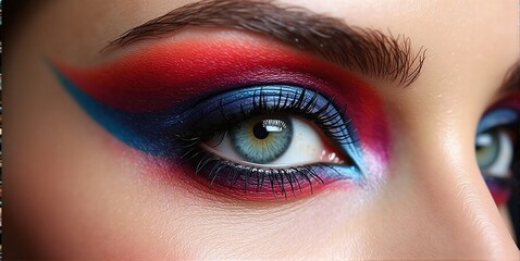 Fototapeta premium Close-up of a beautiful woman's eyes, adorned with vibrant makeup that enhances her captivating gaze