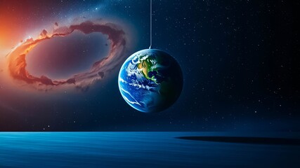 Fototapeta premium A celestial globe hangs suspended above a calm ocean, a cosmic ornament against a nebula backdrop.