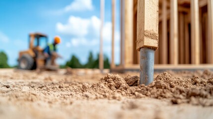 Obraz premium Construction Site with Wooden Post and Worker in Background