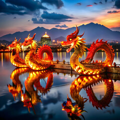 Obraz premium A majestic dragon winding through a serene lotus pond and river