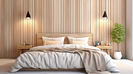 wooden bedroom , wooden bed , wooden english style wall , 8k resolution