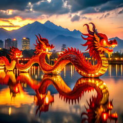 Obraz premium A majestic dragon winding through a serene lotus pond and river