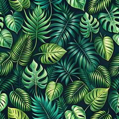 A seamless tropical leaf pattern features varying shades of green