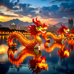 Fototapeta premium A majestic dragon winding through a serene lotus pond and river