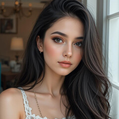 Obraz premium Portrait of an elegant young woman with long, dark hair and subtle, natural make-up. The background is subtle and structured, emphasizing the harmony and beauty of the subject