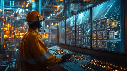 Fototapeta premium Modern coal mining control center showing large screens and operator monitoring activities