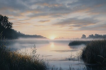 Fototapeta premium A serene landscape at sunrise over a misty river, surrounded by lush vegetation.