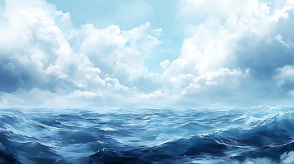 Fototapeta premium A serene ocean view with gentle waves and a bright sky filled with fluffy clouds.