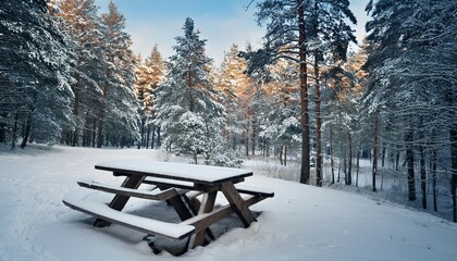 serene winter forest with picnic table