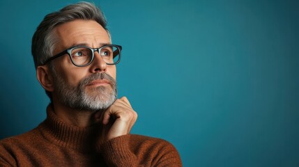 Making Decision. Close up portrait of pensive mature man in specs looking at copy space isolated over blue studio wall