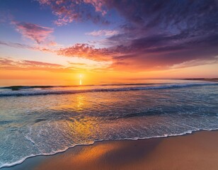 Fototapeta premium vibrant sunrise over a tranquil beach with colorful sky and calm waters colorful dawn