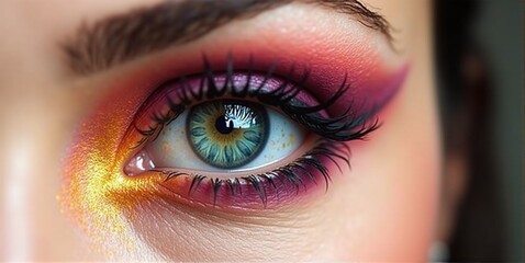 Obraz premium Close-up of a beautiful woman's eyes, adorned with vibrant makeup that enhances her captivating gaze