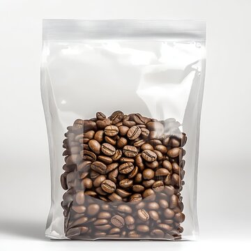 A clear bag filled with roasted coffee beans, showcasing freshness and quality.