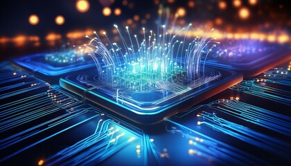 high tech circuitry with glowing fiber optic cables illuminating a modern digital interface representing innovative technology and connectivity in electronics
