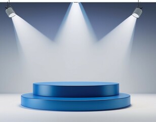 a blue podium under four ceiling spotlights isolated on a white background clean layout for product display copy space exhibition 3d rendering