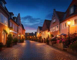 Fototapeta premium charming town at dusk with vibrant streetlights