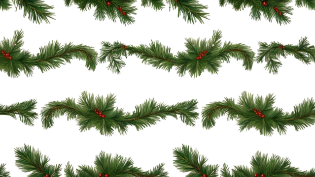 Christmas garland with red and gold baubles, berries, and pinecones on a white background. New Year and Christmas border design isolated on white background, fir tree branches ribbon bows golden.