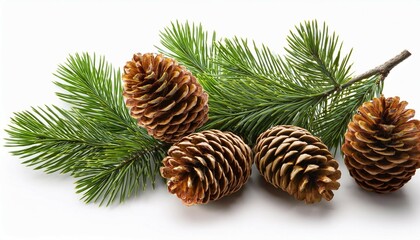 pine branch with cones isolated on white background