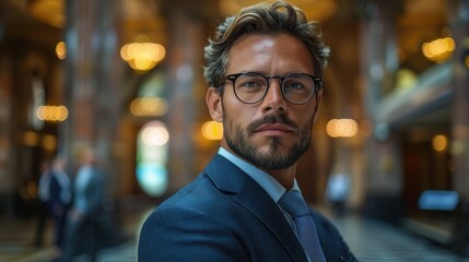 Obraz premium Confident businessman poses elegantly in a grand hall filled with soft golden light. Generative AI