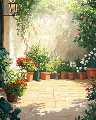 Fototapeta premium Garden flowers, plants and tools on a sunny background. Gardening concept