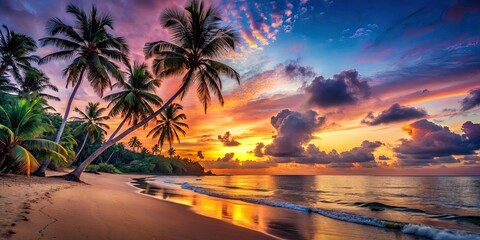 Naklejka premium Tropical Dusk Beach: Silhouetted Palms, Sunset Paradise, Ocean View