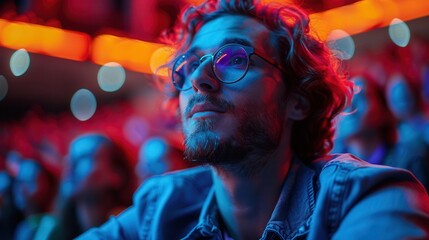 Young man captivated by performance under vibrant stage lights in a lively concert atmosphere. Generative AI
