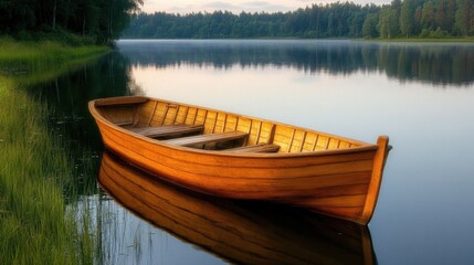 Fototapeta premium A tranquil scene of an empty wooden boat mirrored on still water at sunrise.