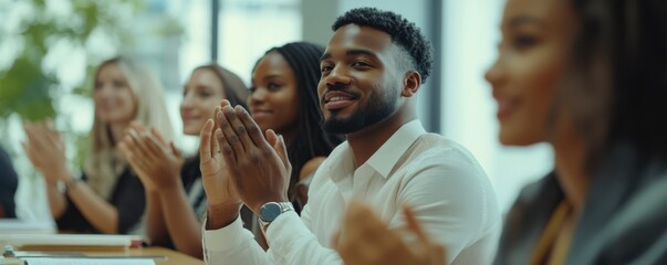 Multiethnic business team clapping in meeting room during motivational team building session
