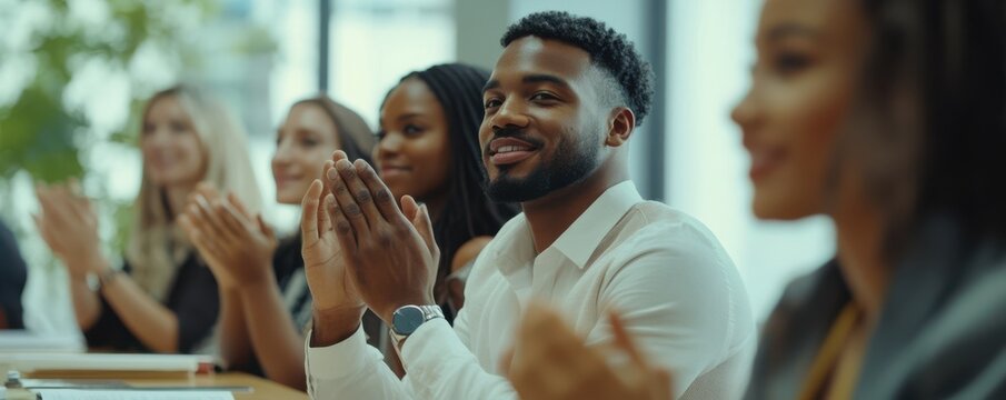 Multiethnic business team clapping in meeting room during motivational team building session