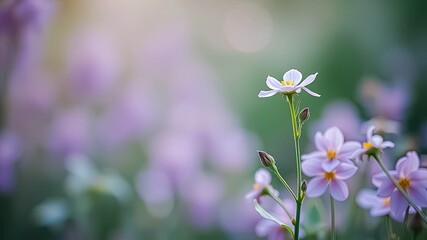 Obraz premium A single pale flower stands tall, bathed in soft sunlight, amidst a field of blurred blossoms.