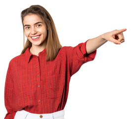 PNG Young woman smile pointing portrait.