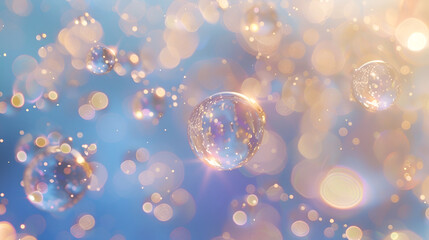  a serene, dreamy scene with floating transparent bubbles against a soft blue background The bubbles are detailed with reflections and hints of gold, and the backdrop includes a bokeh effect 